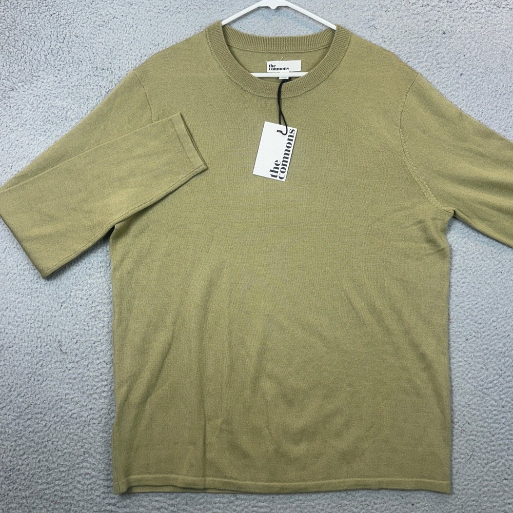 NEW The Commons Polo Sweater Mens Large Olive Green 100% Merino Wool Knit Casual